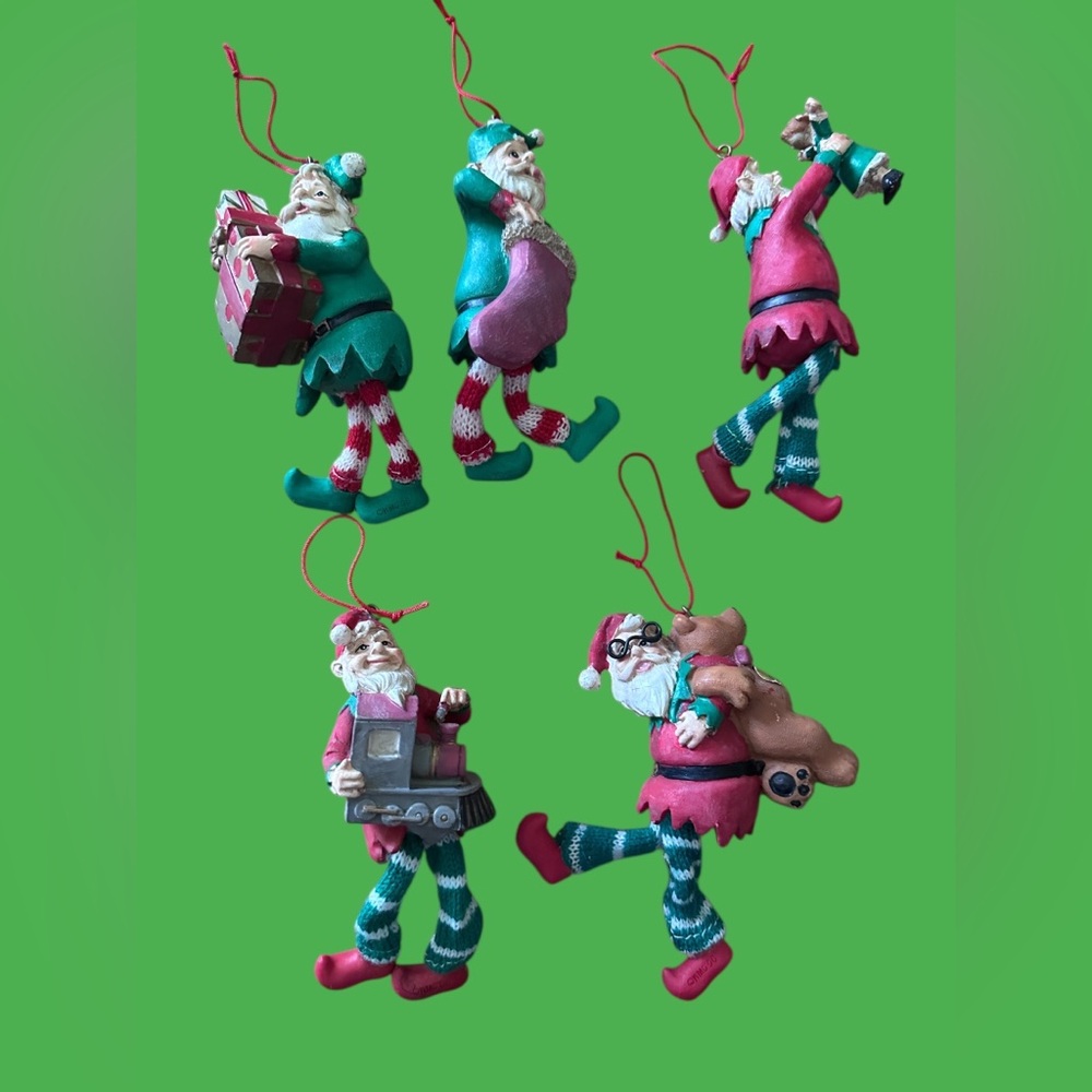 Festive Elf Ornament Set - One has chipped paint in the back lot of 5